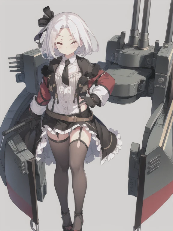 Vittorio_Veneto \(warship girls r\),((masterpiece)),(((best quality))),((ultra-detailed)),((illustration)),((disheveled hair)),((frills)),(1 girl),(solo),1girl, belt, belt buckle, black gloves, black legwear, black skirt, blush, cannon, damaged, gloves, jacket, short hair, long sleeves, looking at viewer, machinery, miniskirt, one eye closed, red eyes, rigging, shirt, shoes, skirt, smoke, solo, suspenders, thighhighs, torn clothes, torn legwear, torn shirt, turret, underwear, white hair, younger