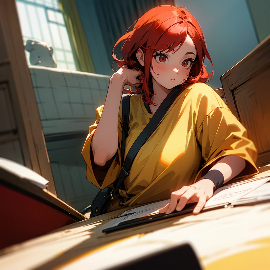 a woman with red hair, fat, eyes browns, working, PC, room, smooth light, cell shading, anime styling, detailded, high resolution, perspective