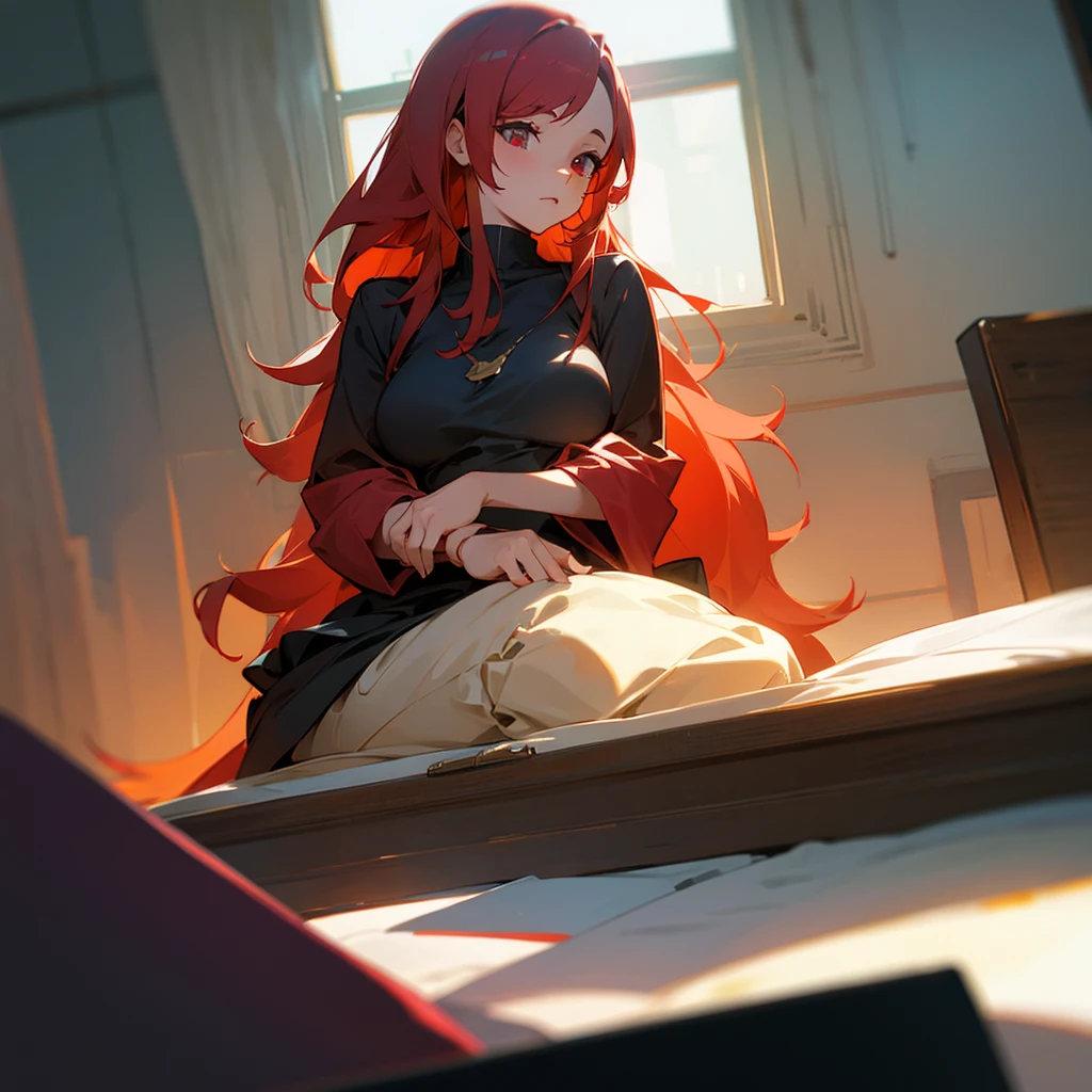 a woman with red hair, fat, eyes browns, working, PC, room, smooth light, cell shading, anime styling, detailded, high resolution, perspective