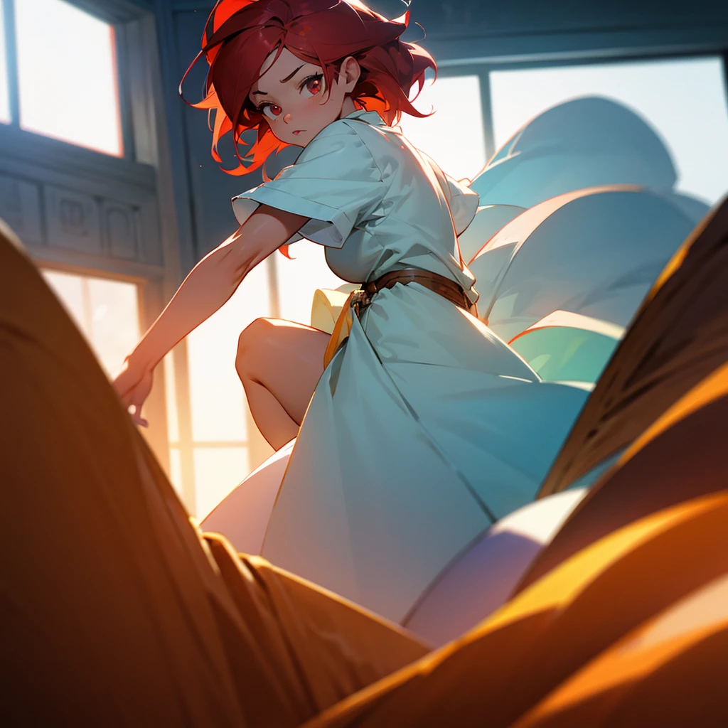 a woman with red hair, fat, eyes browns, working, PC, room, smooth light, cell shading, anime styling, detailded, high resolution, perspective