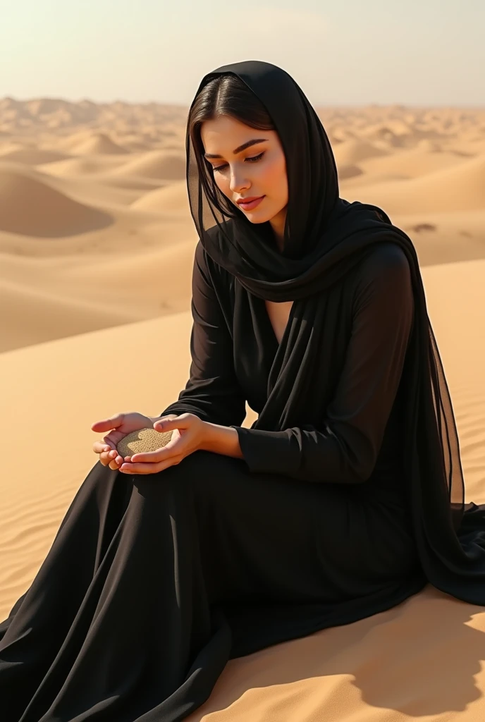 a wanna a realistic picture of human girl who is exact replica of ayeza khan  having dimples and fair skin wearing eastern black dress with scarf sitting in UAE dessert full picture from far she has sand in his hand and looking into that sand more