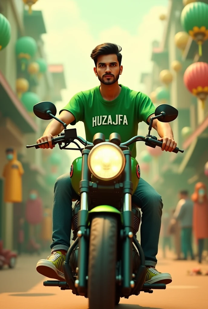 35mm film photography, Create a 3D illustration of an animated male character sitting on a motorcycle matching the color and design of Pakistan Independence Day and wearing a green shirt with name HUZAIFA The character must wear casual modern clothing such as jeans and sneakers shoes. The background of the image is a independence day of Pakistan, high detail, gold glow bright green color palette, light green hour glow