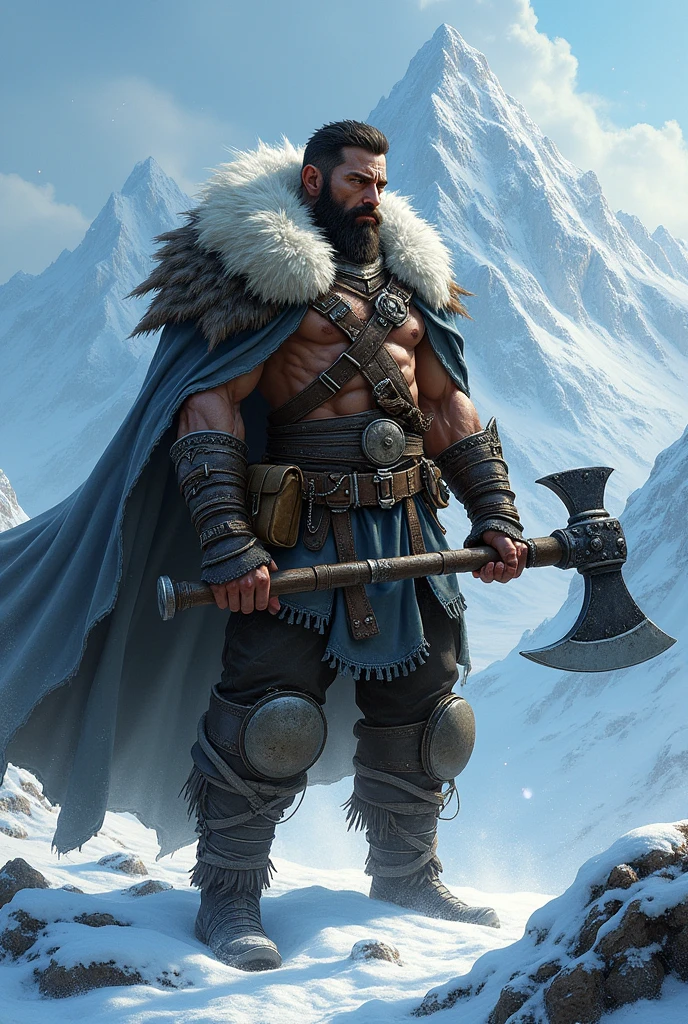 RPG character icy mountain man holding large axe with body of a 30 year old man
