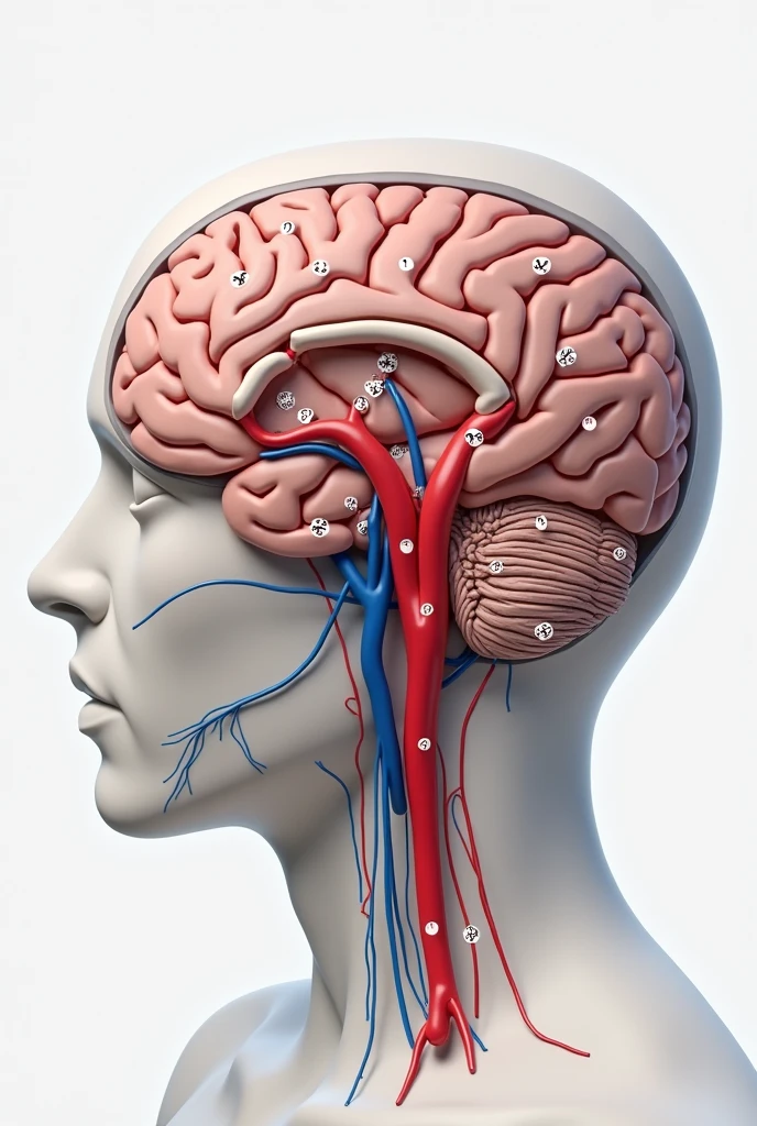 Make me a 3D diagram of a brain showing the polygon of Willis with the name of each artery and vein that compose it