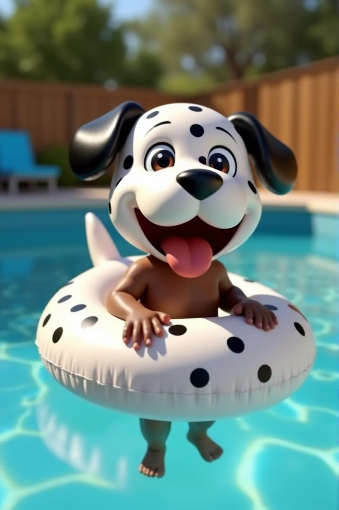 Pixar style image, An -monthbaby w skin was found in a pool inside an inflatable Dalmatian puppy, the baby is happy 