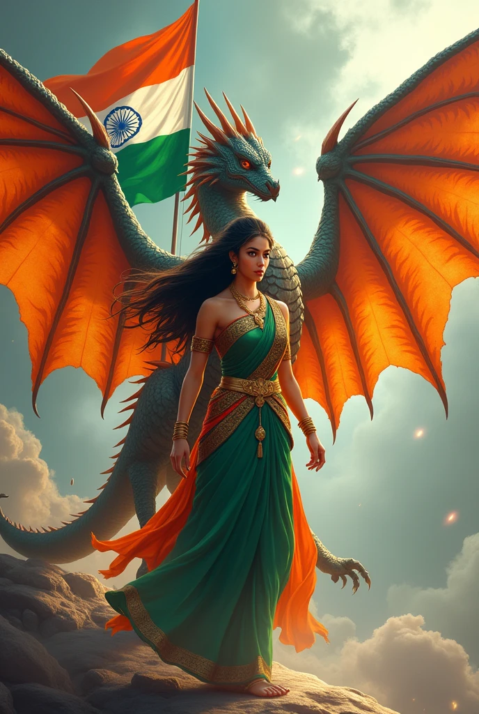 Prompt “Illustration with an Indian flag in hand. A ferocious dragon protecting the text "Shailja" and she has Indian tricolor wings. ‘Create a 3D illusion profile picture in 4K.”