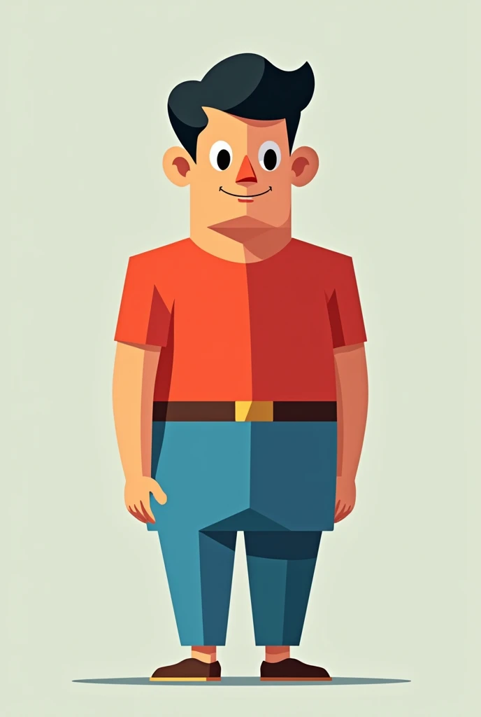 Short Latino man with short limbs and no neck with body made of 2d squares dressed in red shirt and blue pants