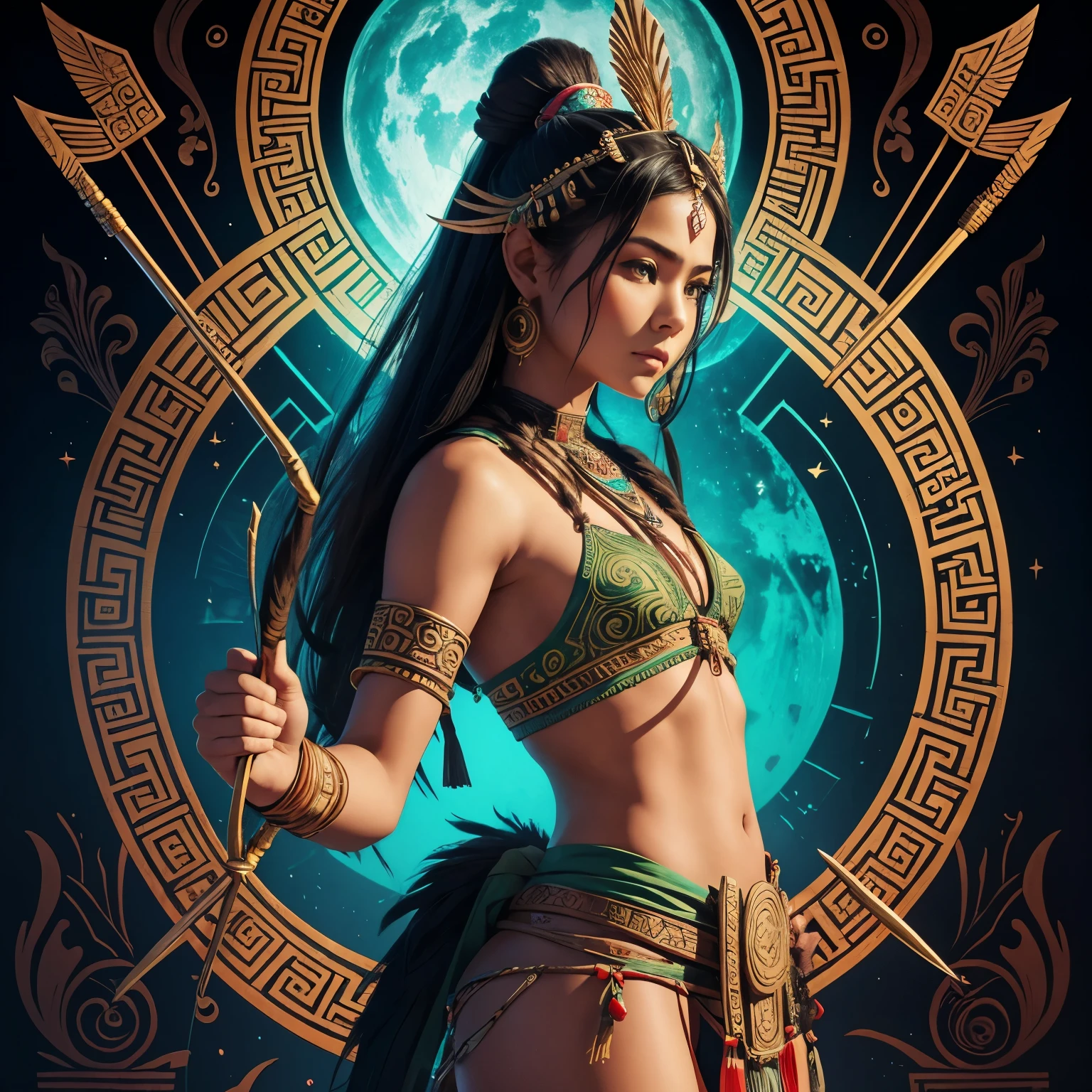 Create a detailed image of a composite bow and arrow inspired by Mayan culture. The bow should feature intricate carvings resembling Mayan glyphs and symbols along its limbs, with vibrant colors like jade green, gold, and deep red. The grip should be wrapped in ornate, woven leather with geometric patterns reminiscent of traditional Mayan textiles. The bow's tips should resemble the stylized heads of Mayan deities, and the string should be taut and glowing faintly, as if infused with mystical energy. The arrow should have a sharp obsidian arrowhead, with fletching made from the feathers of a quetzal bird, dyed in bright green and blue hues. Surround the bow with elements like ancient Mayan ruins, lush jungle foliage, and a faint mist to enhance the cultural theme.