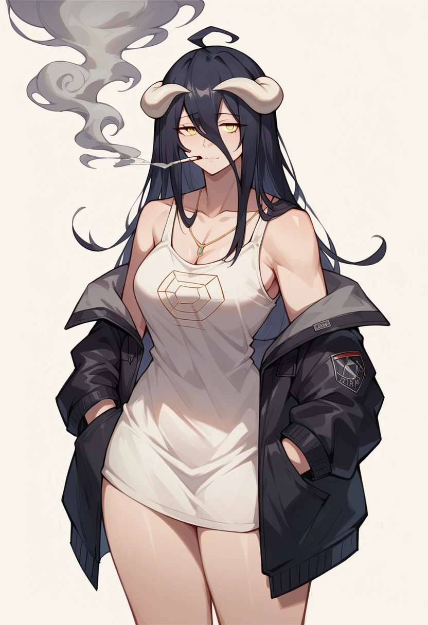 albedo,black hair,curvy body, medium breast,big thighs,wears oversized black jacket,no pants,arms in pocket,smoking cigars,midnight setting, arknights style, nsfw.