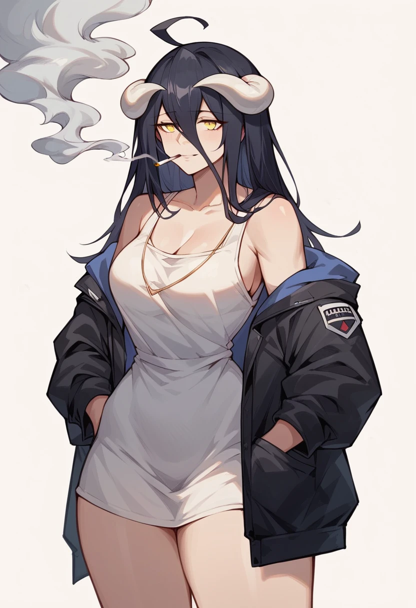 albedo,black hair,curvy body, medium breast,big thighs,wears oversized black jacket,no pants,arms in pocket,smoking cigars,midnight setting, arknights style, nsfw.