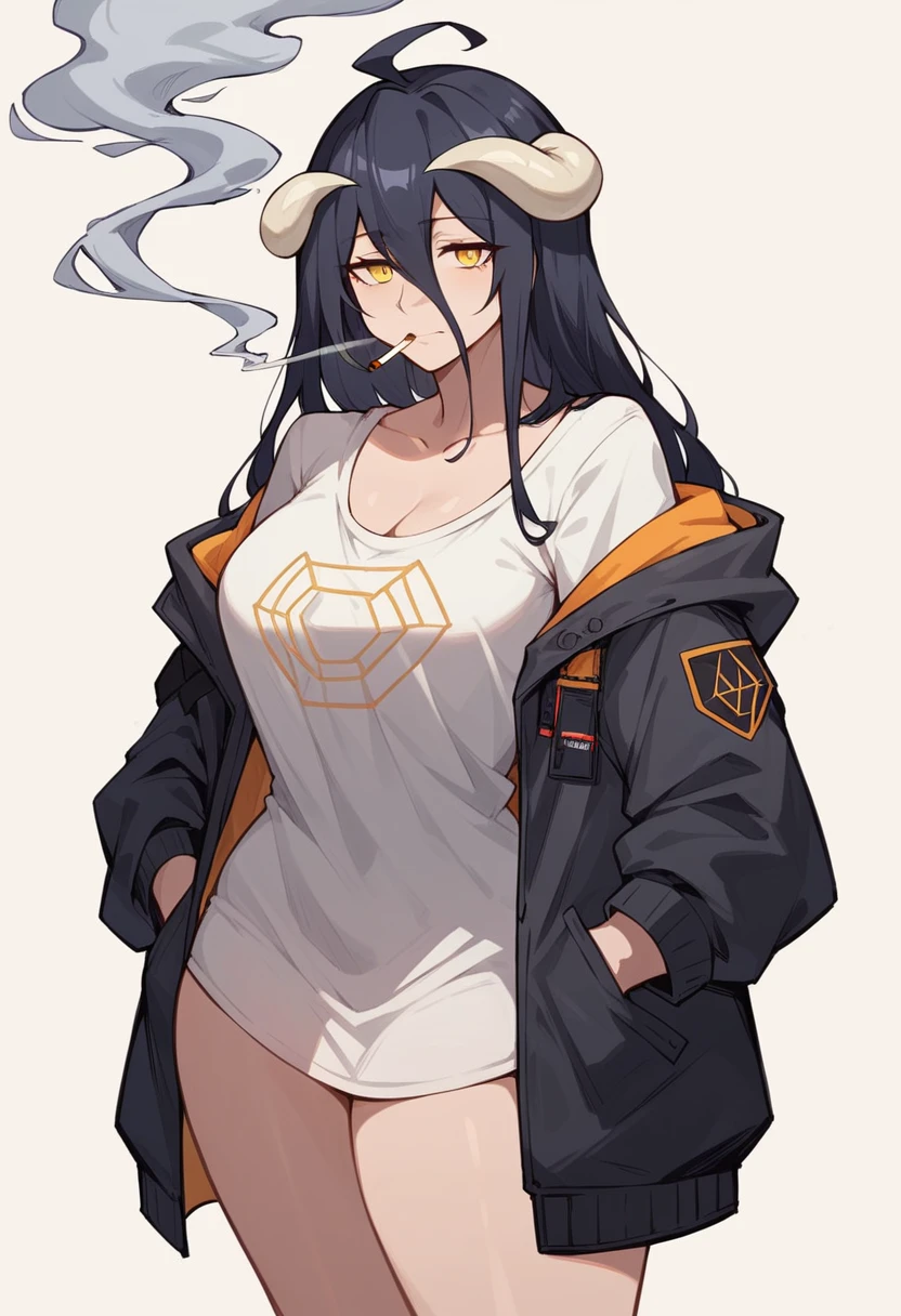 albedo,black hair,curvy body, medium breast,big thighs,wears oversized black jacket,no pants,arms in pocket,smoking cigars,midnight setting, arknights style, nsfw.