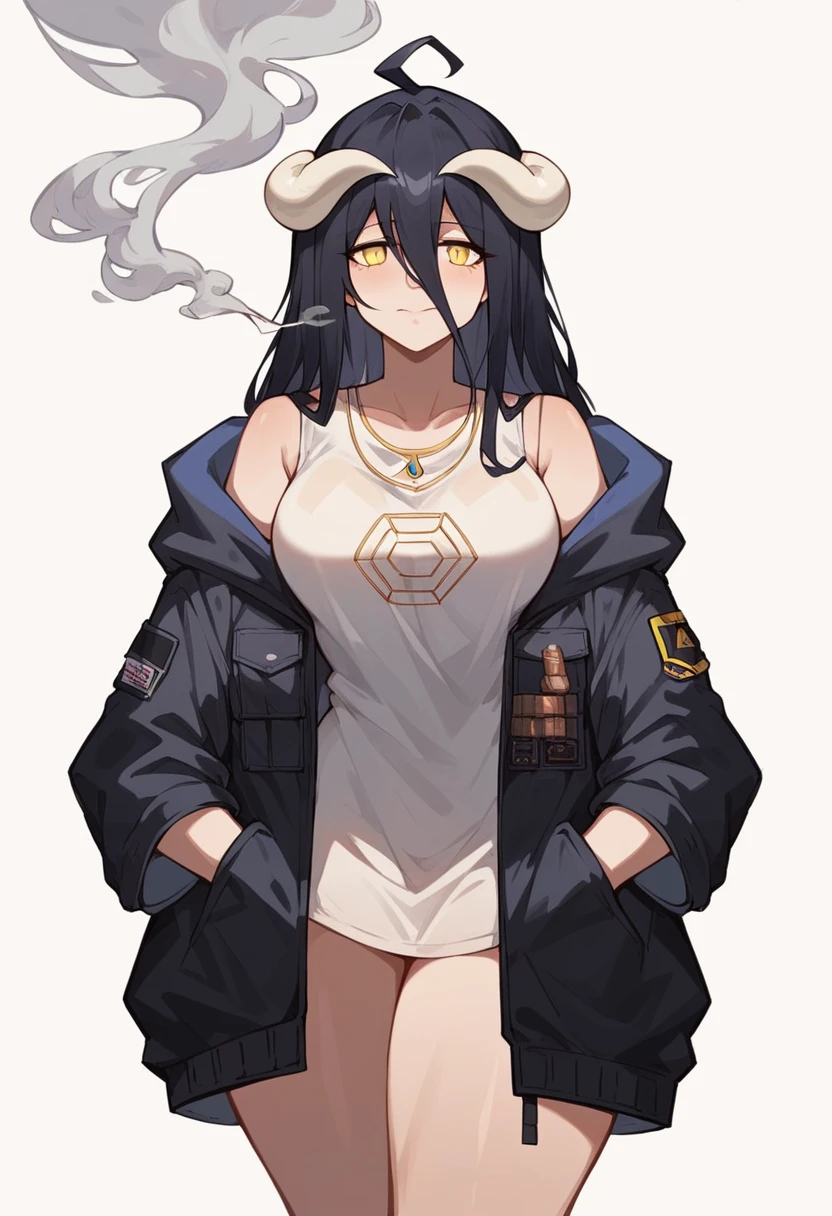 albedo,black hair,curvy body, medium breast,big thighs,wears oversized black jacket,no pants,arms in pocket,smoking cigars,midnight setting, arknights style, nsfw.
