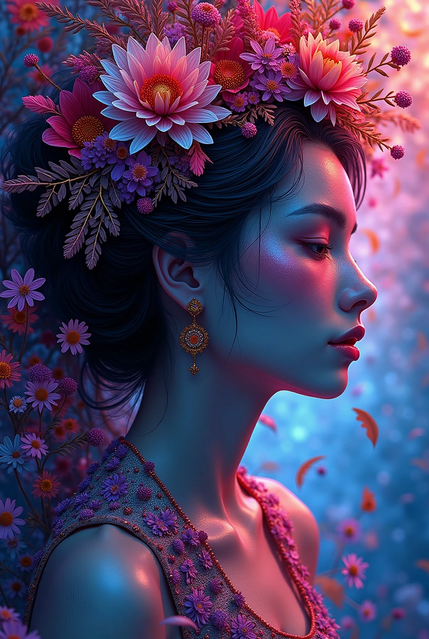 (masterpiece, top quality, best quality, official art, beautiful and aesthetic: 1.2), (1 girl: 1.3), extremely detailed, (neon fractal art: 1.1), (multi-color: 1.1) (flower: 1.3), highest detail, (neon zentangle: 1.2), (dynamic pose), (neon abstract background: 1.3), (shiny skin), (multi-color: 1.4), , (earrings: 1.4), (feathers: 1.4) (neon) Full HD, (8k, high resolution, RAW photo, realistic, true-to-life: 1.3), (detailed skin texture, detailed cloth texture, detailed water, detailed body texture, beautiful detailed face: 1.25), professional lighting, photon mapping, beautiful soft light, radiation, physically based rendering, detector ray tracing, model shooting style, model shooting style, (unity 8k super detailed CG background), world's most beautiful full body artwork, (8k, high resolution, RAW image, realistic, photorealistic: 1.3), (detailed skin texture, detailed cloth texture, detailed water, detailed trees, detailed textured flowers, detailed leaves, detailed colors, beautifully detailed faces: 1.25), professional lighting, photon mapping, beautiful soft lighting, brightness, physically based rendering, ray tracing, model shooting style, model shooting style, (unity 8k super detailed CG background), world's most beautiful full body artwork,
