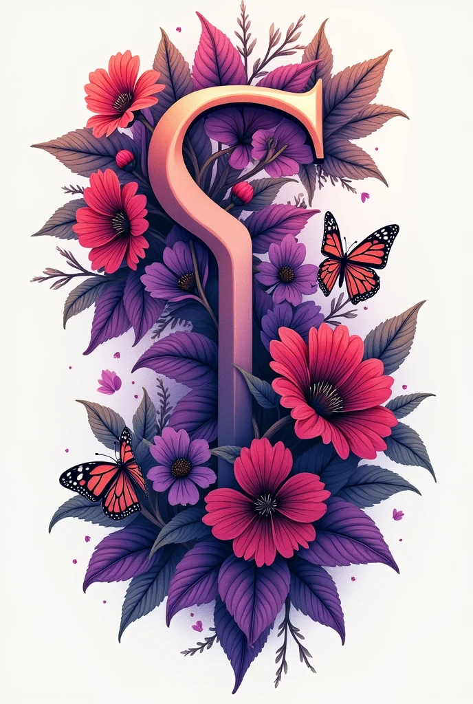I want you to make a tattoo design with 3 letters that are two S's and an I that is surrounded by purple and red flowers and another of butterflies of the same color.