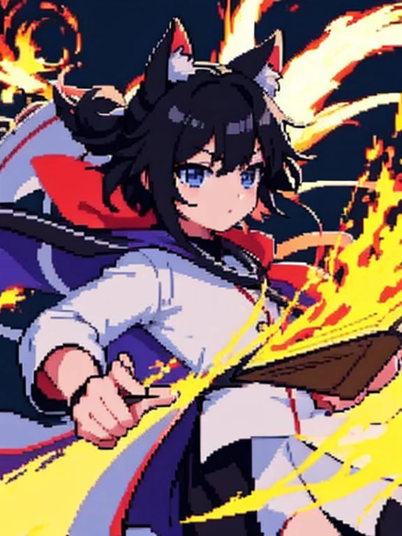 Anime figure of a boy with cat ears, demon slayer rui fanart, chibi!!! Kitten, Anime Boy, black-haired wizard with white streaks and black open magic book with decorations in one hand, Anime-Chibi, anime Kitten, Mihoyo art style, black and white clothes, Several magical circles in different colors fly around the boy, background destroyed city!!!!!, white jacket with black stripes