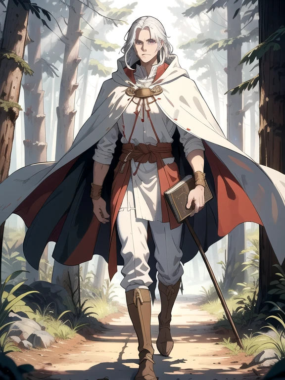 one men, grown-up, long straight white hair, white cloak with red stripes, mysterious golden symbols under the cloak in the chest and shoulder area but do not connect , gray pants, slightly dirty brown boots that go below the knees, holds an old oak staff in his right hand, he carries a thick old book in his left hand, He has a handsome face giving him a serious and strong appearance., he is walking on a dirt road, he is in an ancient forest, with lots of pine trees that let very little sunlight through.