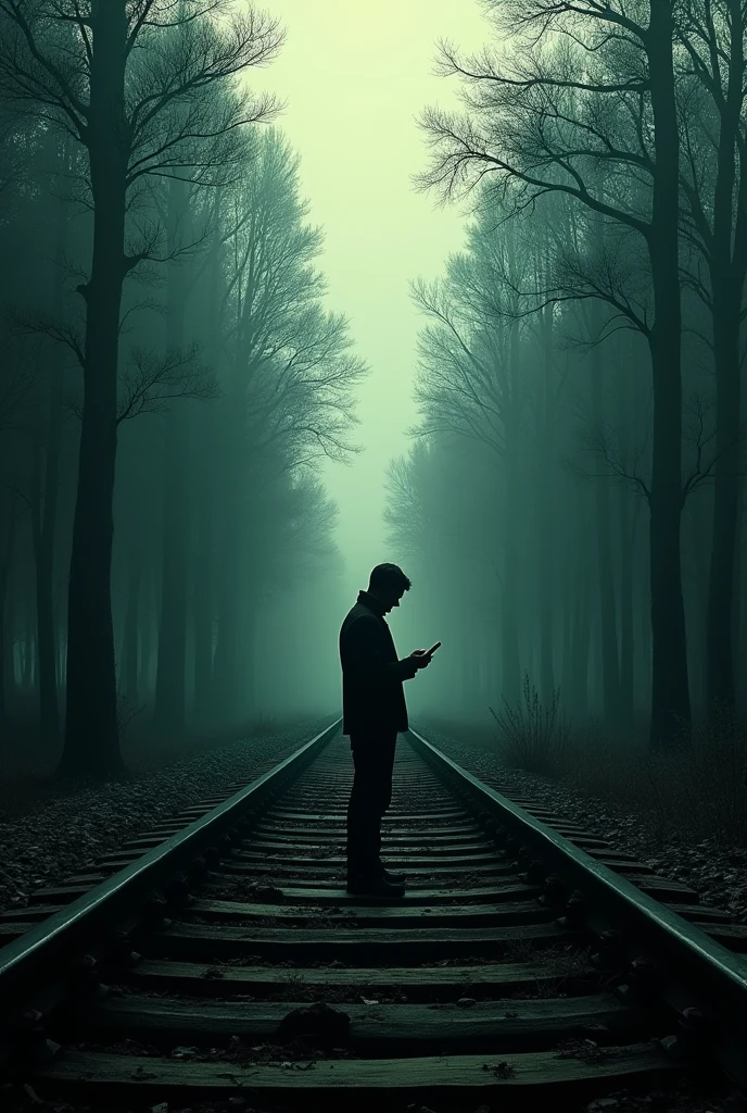 Silhouette of a man with a phone on in the middle of a railway line in the forest with an old atmosphere, abandoned and gloomy