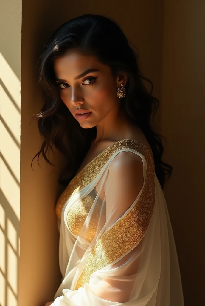 ((cinematic photography), (photorealistic), (photographically correct), (dynamic photography), enchanting siren, raven haired and porcelain skinned, is captured against a wall, her gold blouse shimmering like sunrise. A diaphanous white saree with golden filigree borders drapes her curves, as smoldering eyes, bold eyeliner, and tender lips convey a fierce, yet vulnerable beauty, by amrit835