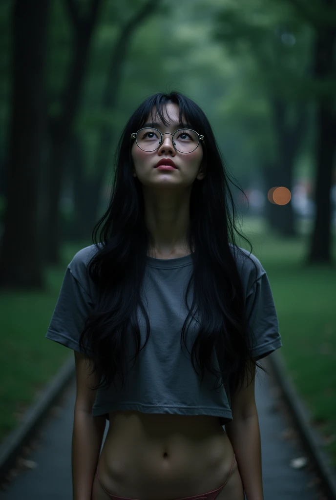 naked lower body,Wearing nothing on the lower body,upward glance,,dark park at night,beautiful girl,long black hair,super beautiful japanese 20th girl ,Glasses,wearing a t-shirt,real,nsfw