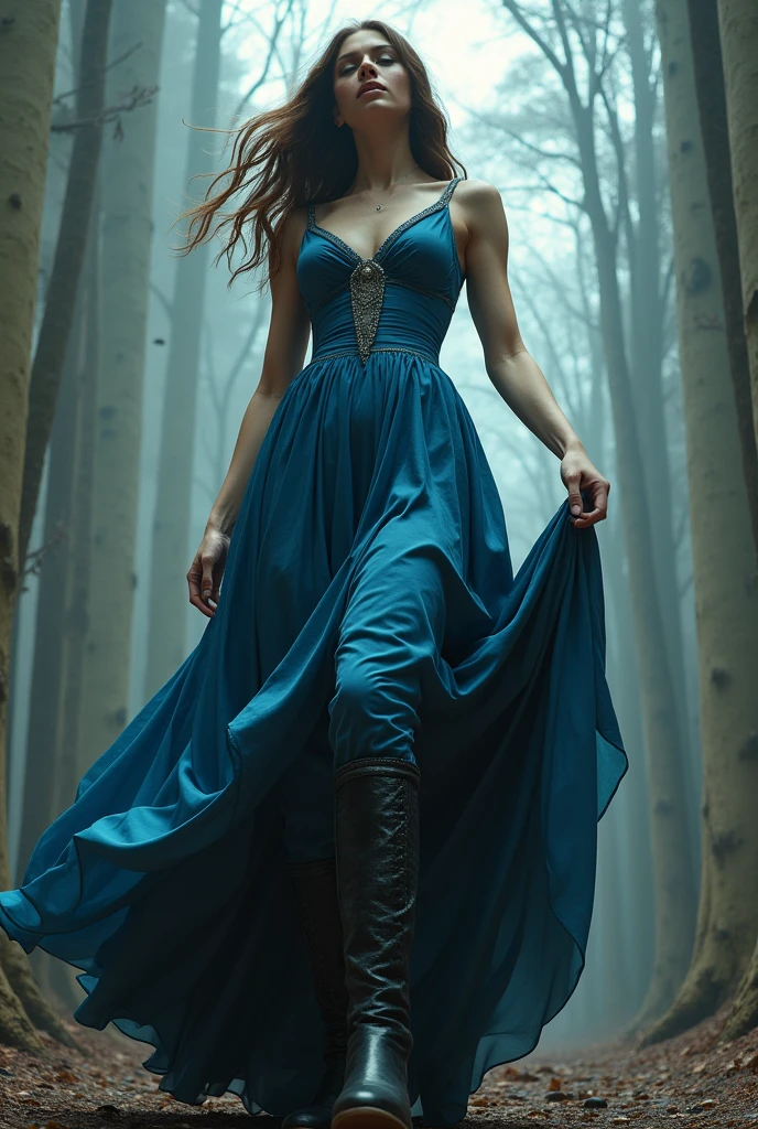a pretty woman, 42 years old, Brown hair, pretty face, blue dress, black riding boots , giantess, POV shot, lifts her right foot, Boot sole, FULL BODY shot