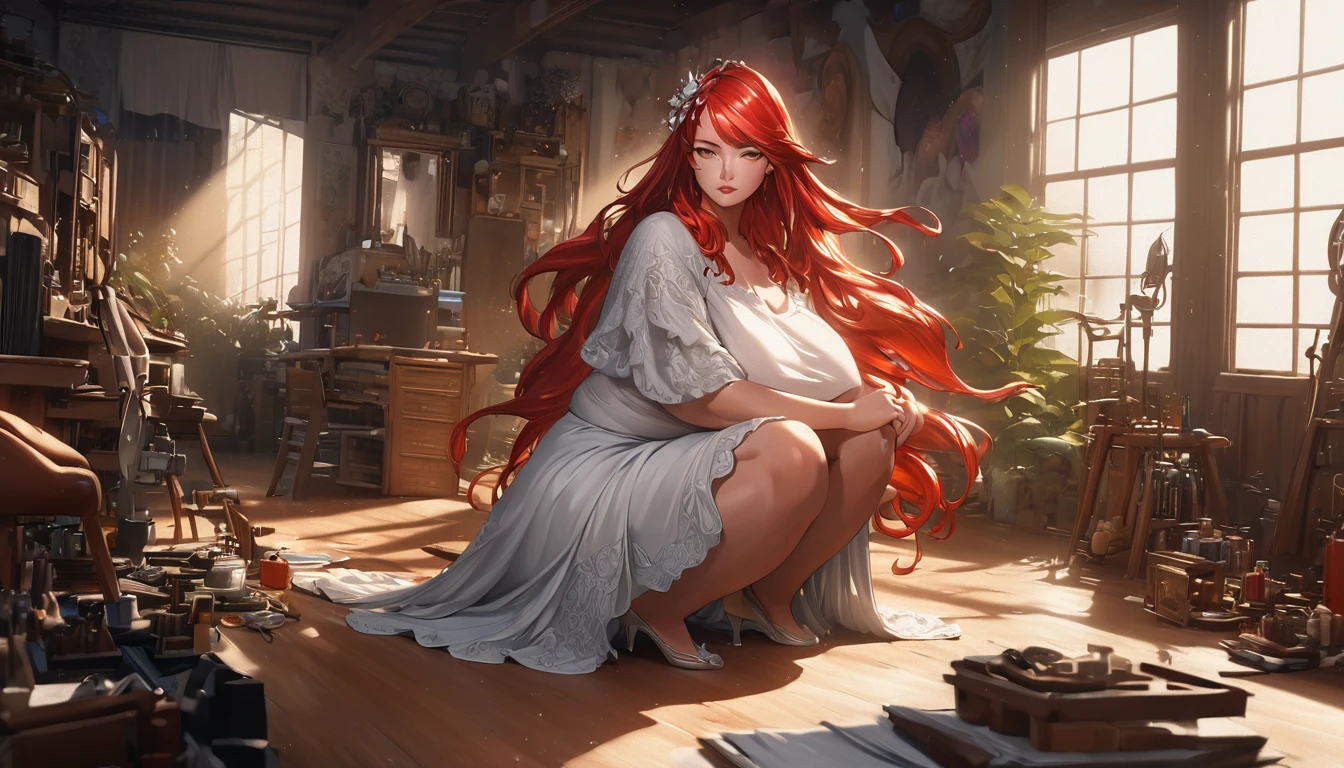 a fat woman with beautiful detailed red hair, beautiful detailed brown eyes, beautiful detailed lips, working in a room with smooth lighting, anime-style, detailed, high resolution, 4k, 8k, photorealistic, studio lighting, hyper-detailed, intricate details, highly detailed, vibrant colors, dramatic lighting, volumetric lighting, cinematic, dramatic composition, elegant, graceful, ethereal, dreamlike, fantasy, whimsical, magical realism, warm color palette