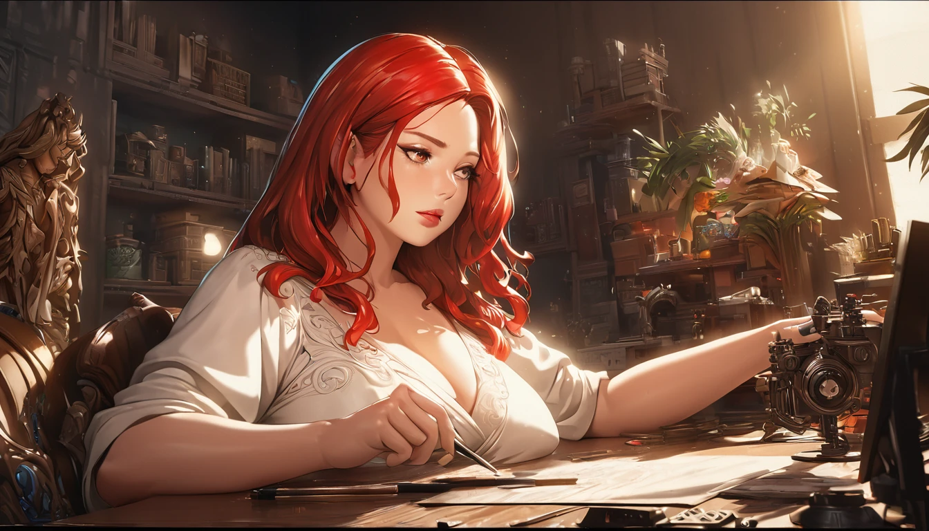 a fat woman with beautiful detailed red hair, beautiful detailed brown eyes, beautiful detailed lips, working in a room with smooth lighting, anime-style, detailed, high resolution, 4k, 8k, photorealistic, studio lighting, hyper-detailed, intricate details, highly detailed, vibrant colors, dramatic lighting, volumetric lighting, cinematic, dramatic composition, elegant, graceful, ethereal, dreamlike, fantasy, whimsical, magical realism, warm color palette