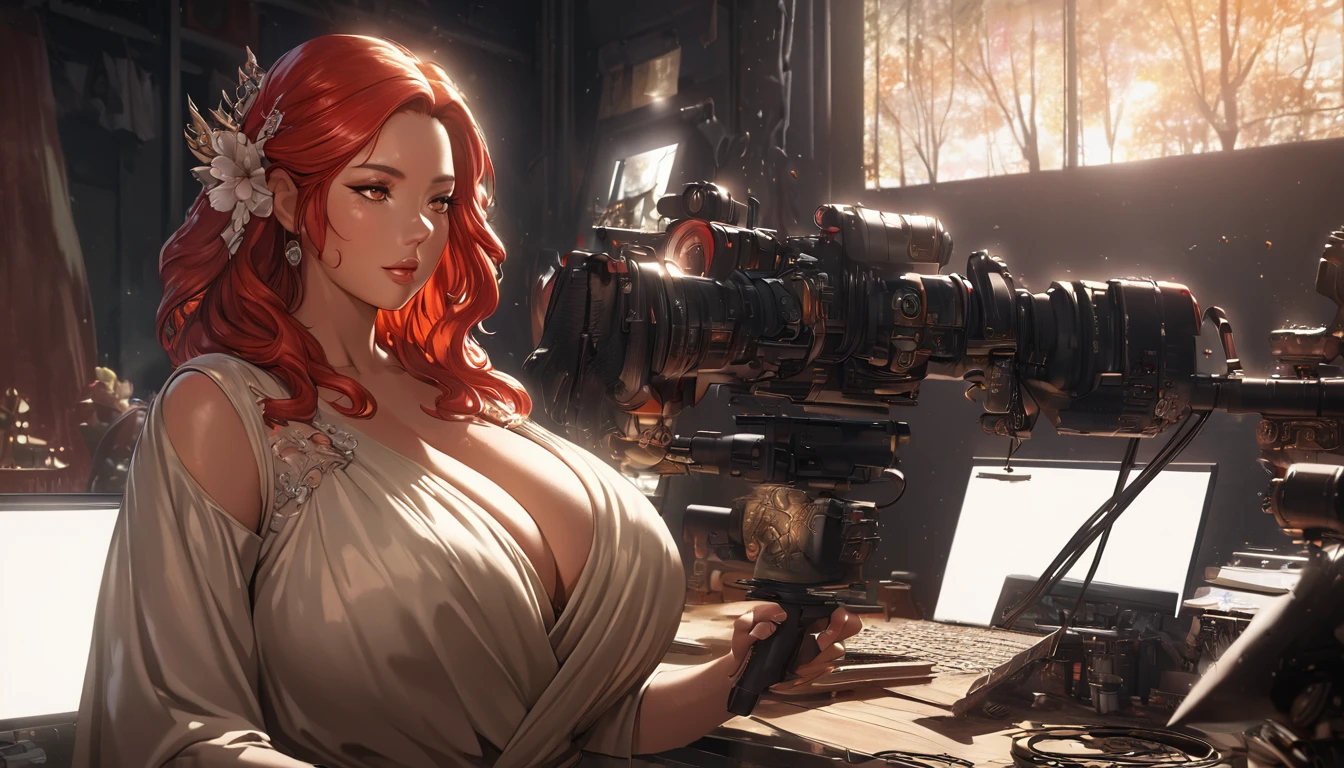 a fat woman with beautiful detailed red hair, beautiful detailed brown eyes, beautiful detailed lips, working in a room with smooth lighting, anime-style, detailed, high resolution, 4k, 8k, photorealistic, studio lighting, hyper-detailed, intricate details, highly detailed, vibrant colors, dramatic lighting, volumetric lighting, cinematic, dramatic composition, elegant, graceful, ethereal, dreamlike, fantasy, whimsical, magical realism, warm color palette