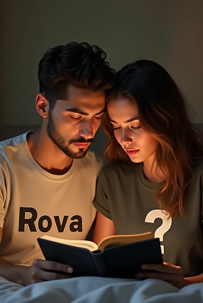Une couple avec un mot Rova sur le tee-shirt beige du garçon et un ? sur le tee-shirt grenat du fille .Ils sont en train de étudier un bible évangélique dans un chambre