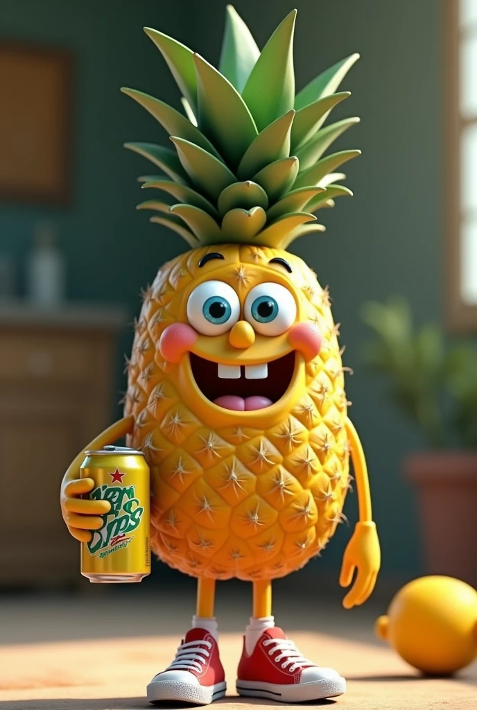 Realistic animated pineapple with eyes, mouth and nose similar to SpongeBob, wearing ALL Star sneakers with thin legs and arm holding a beer in hand