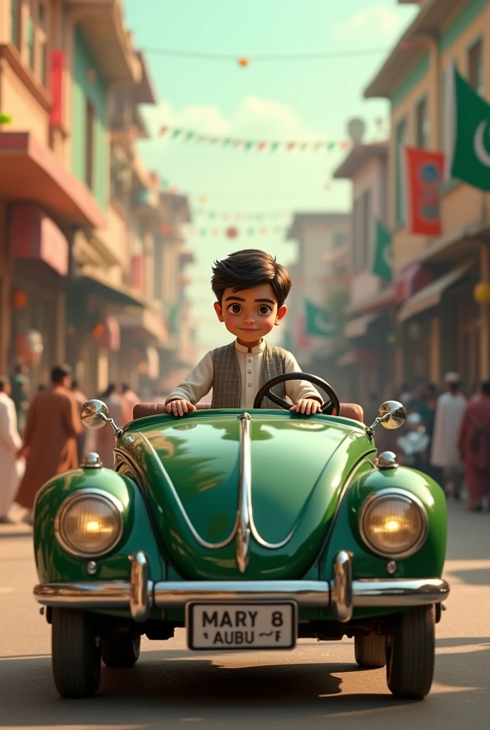 Create picture for 14 August pakistan character age someting 13 and he set in marx car