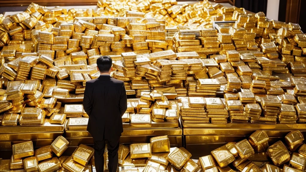 The backs of rich Asian men standing side by side looking at piles of gold bars piled high