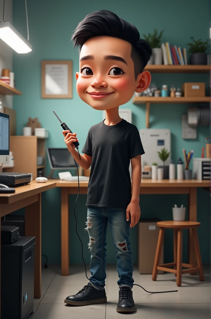 Realistic 4D caricature photo, big head, an adult male with an Indonesian face, 40 years old, clean face, oval face, neat short black hair, wearing a black t-shirt, worn jeans, shoes black sneakers,standing pose while facing forward while holding a soldering iron, with a background in a room where cellphones are serviced technician the random