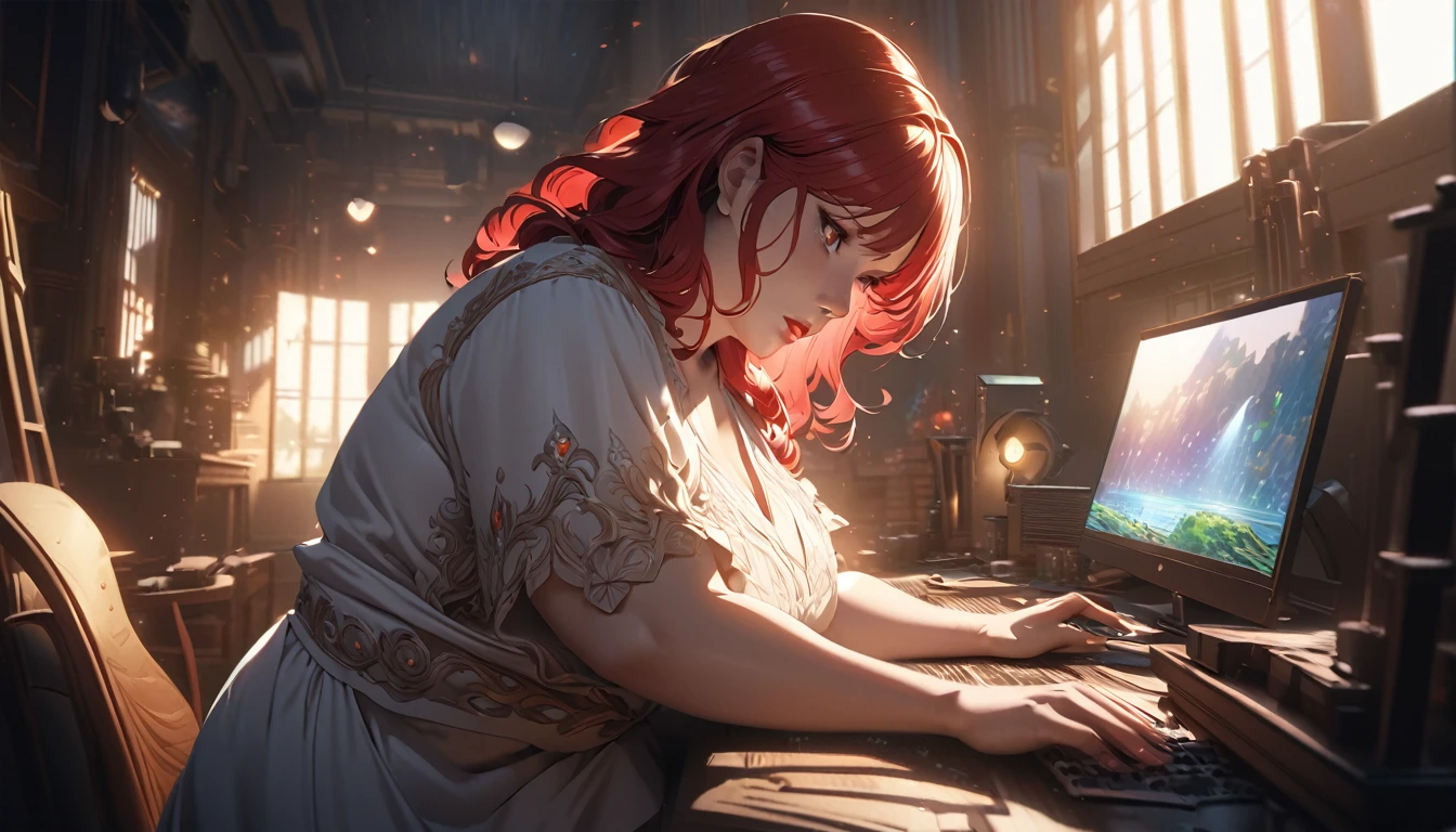 a fat woman with beautiful detailed red hair, beautiful detailed brown eyes, beautiful detailed lips, working in a room with smooth lighting, anime-style, detailed, high resolution, 4k, 8k, photorealistic, studio lighting, hyper-detailed, intricate details, highly detailed, vibrant colors, dramatic lighting, volumetric lighting, cinematic, dramatic composition, elegant, graceful, ethereal, dreamlike, fantasy, whimsical, magical realism, warm color palette