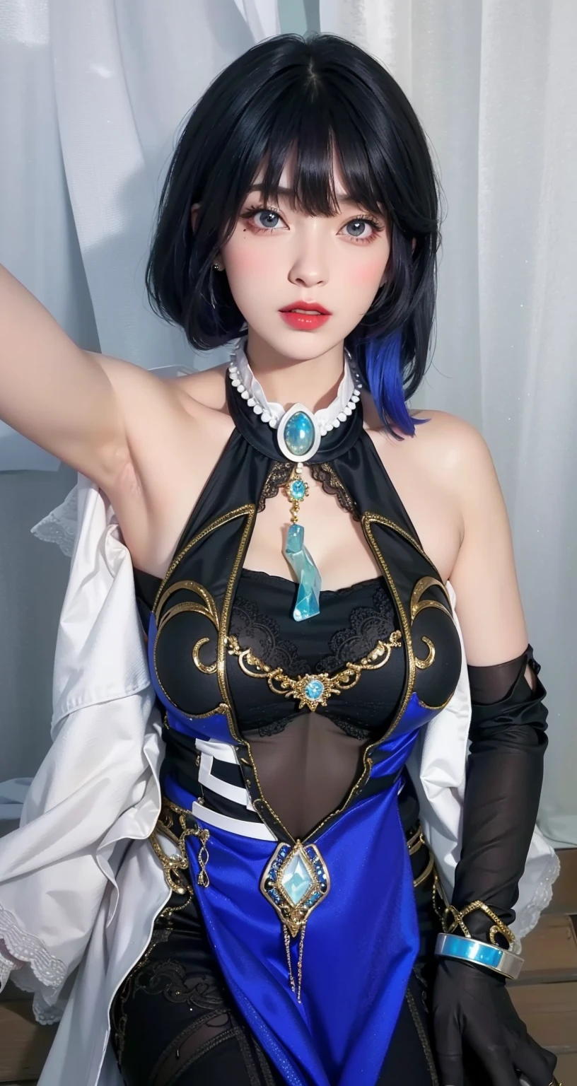 Very detailed, Delicate face, Realistic style, Stock Photography , rich and colorful, Surrealism, Realistic textures, Dramatic Lighting, Distiller 800 (8K, original photo, Better quality, masterpiece: 1.2), Very detailed, (Extremely delicate skin: 1.2), 8K Ultra HD, SLR camera, Soft Light, high quality, 冰冻Queen,, snow castle,Blue pupils,Apply red lipstick,Queen,Gorgeous clothing,gem, diamond, Gold Jewelry,Printed lace,Silk dress,breasts symmetrical,Hands up