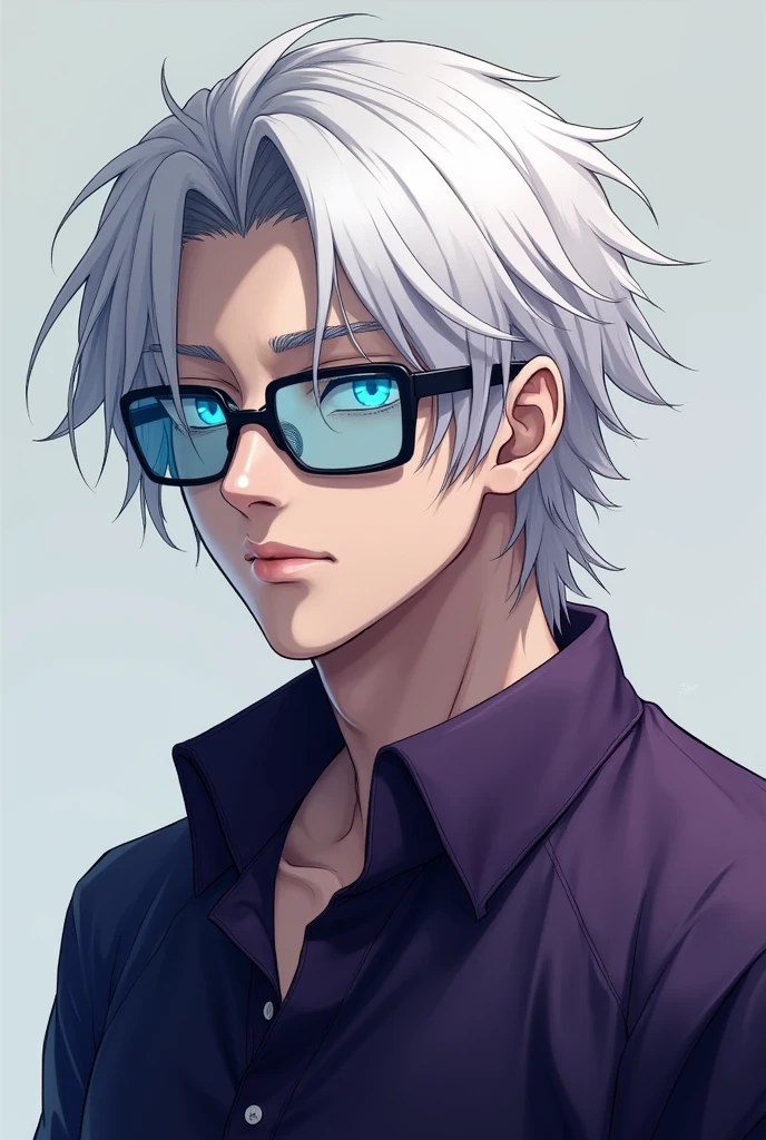 Make Satoru Gojo!
he has white hair, has a dark purple shirt, has blue glasses and has bright blue eyes, and he has skin color and he is male!