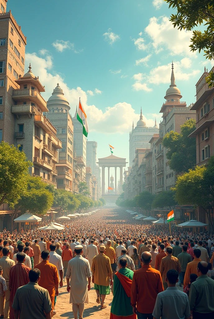 Indis celebrating 76 th independence showing india prosperity in terms of encomical housing old leaders innovation etc with comparison with 76 years back