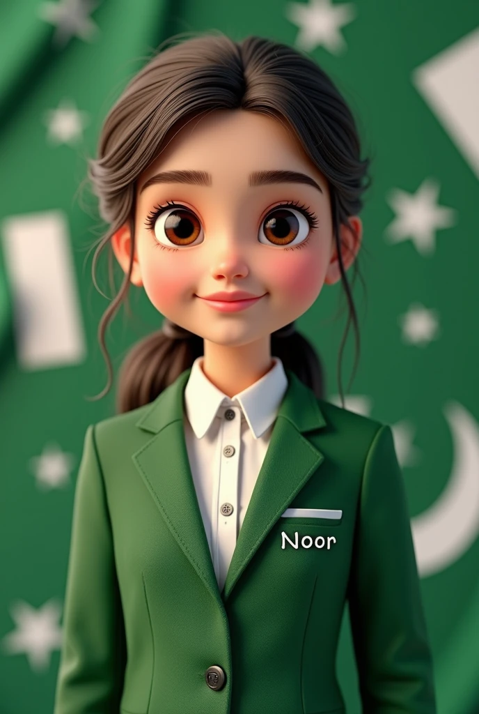 Creat 3d profile pic of 12 year old girl wearing green and white suite and decorate background with pakistani flage and wrote the name of girl noor on his suit