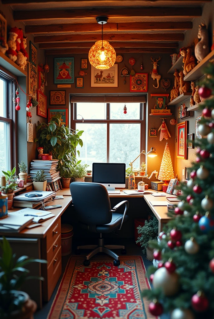 Small and messy office but decorated with Peruvian folklore Christmas motif
