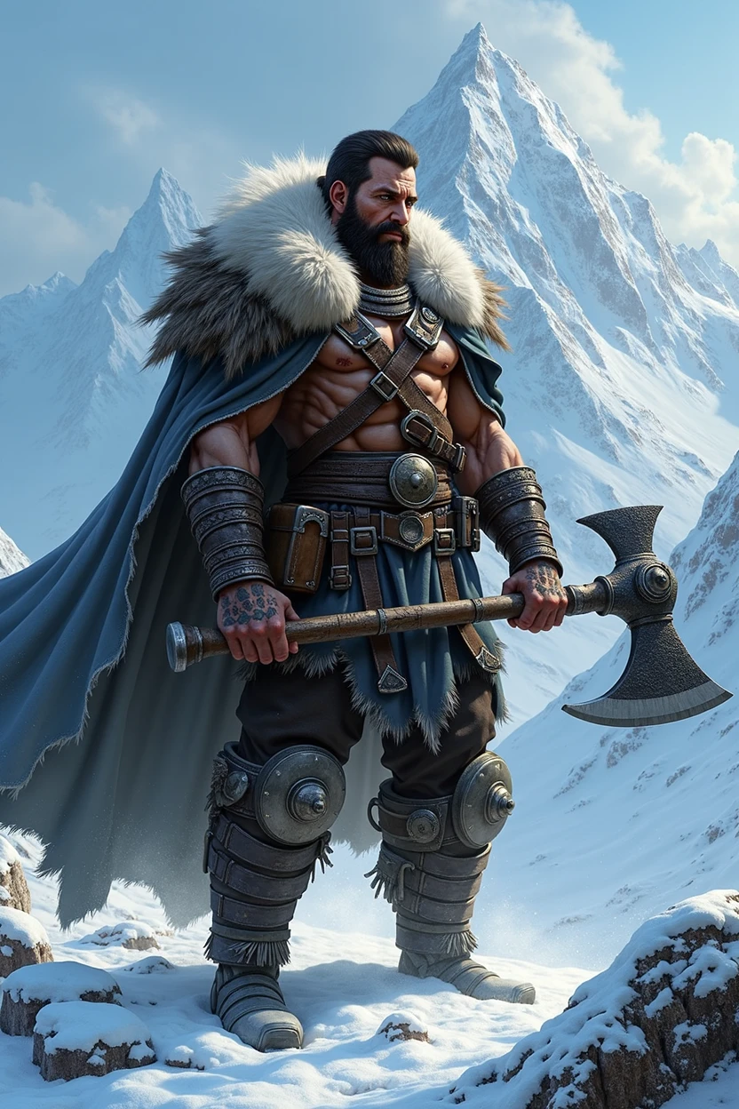 RPG character icy mountain man holding large axe with body of a 30 year old man