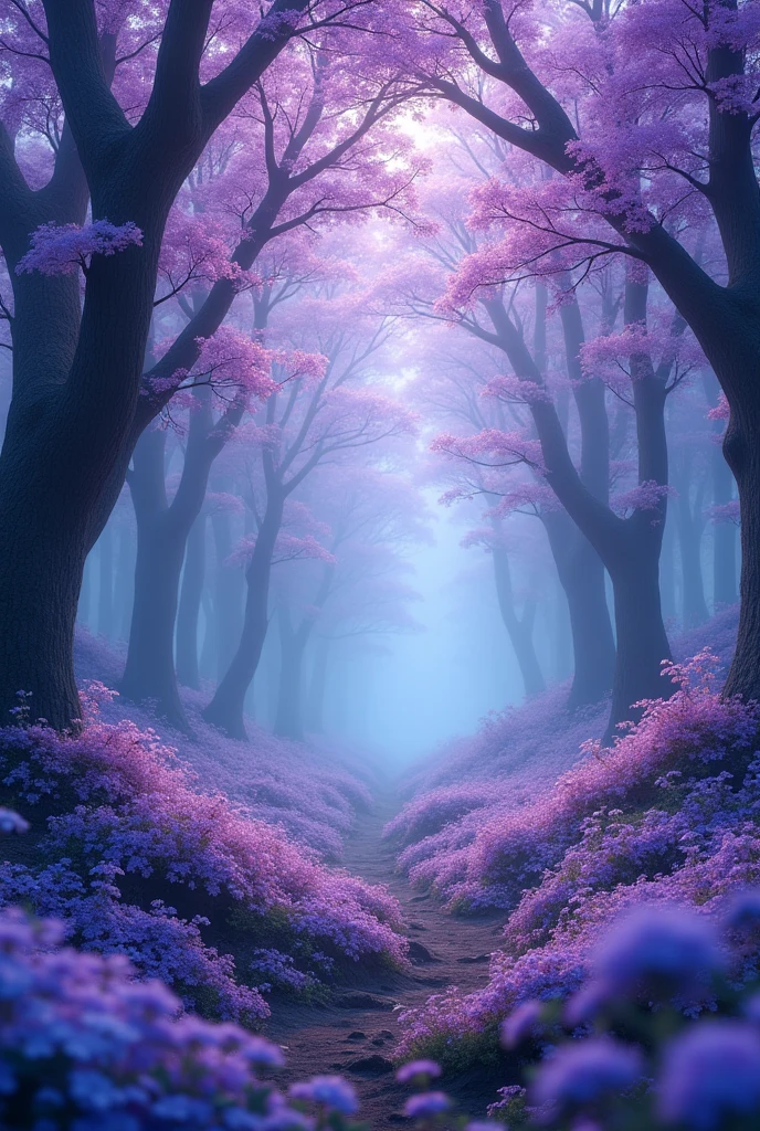 Blue forest background, which is all in purple soft tones, slightly dark. (excellent quality) (best quality) (realism) many purple flowers and beautiful light with blue tint. a little dark. many many flowers with purple and blue flowers flowers everywhere. More realism, a lot of realism more flowers, flowers everywhere. Trees are blooming beautifully. lots and lots of realism