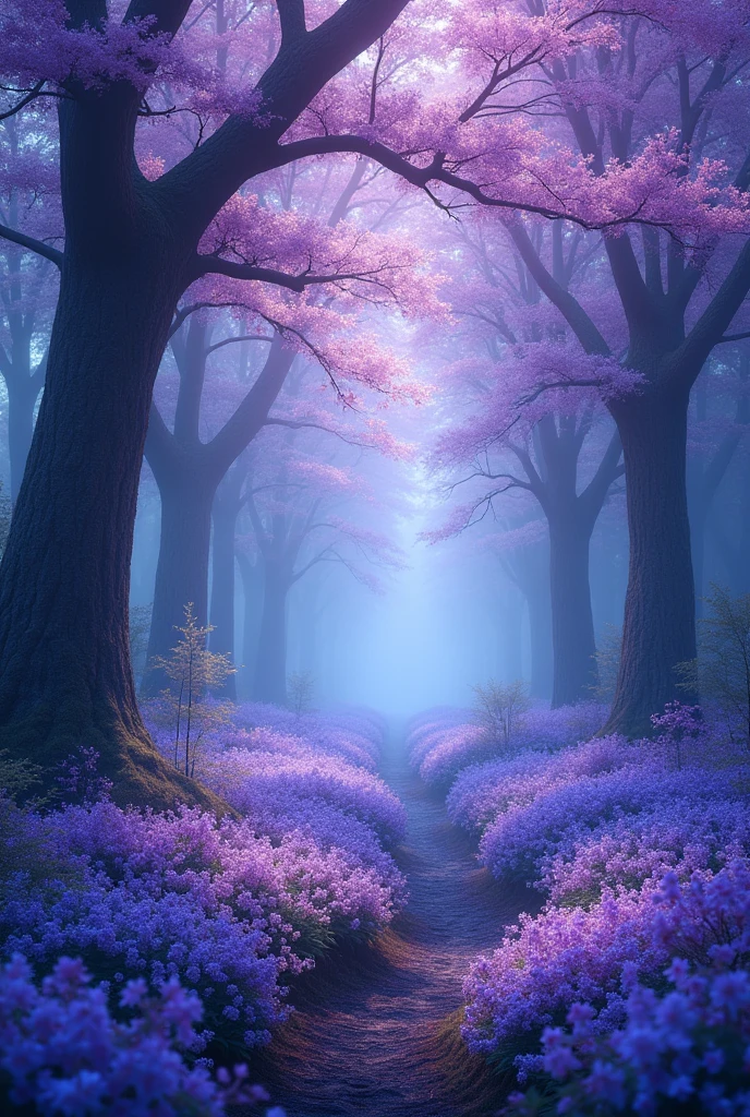 Blue forest background, which is all in purple soft tones, slightly dark. (excellent quality) (best quality) (realism) many purple flowers and beautiful light with blue tint. a little dark. many many flowers with purple and blue flowers flowers everywhere. More realism, a lot of realism more flowers, flowers everywhere. Trees are blooming beautifully. lots and lots of realism