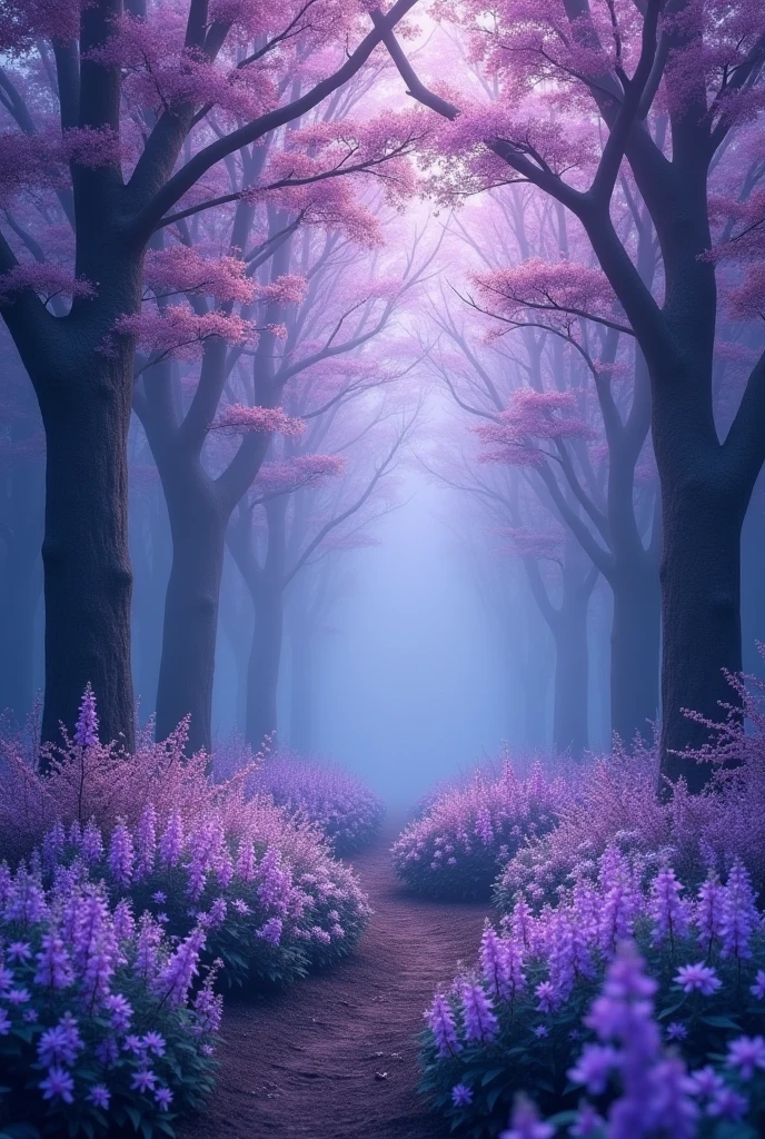 Blue forest background, which is all in purple soft tones, slightly dark. (excellent quality) (best quality) (realism) many purple flowers and beautiful light with blue tint. a little dark. many many flowers with purple and blue flowers flowers everywhere. More realism, a lot of realism more flowers, flowers everywhere. Trees are blooming beautifully. lots and lots of realism