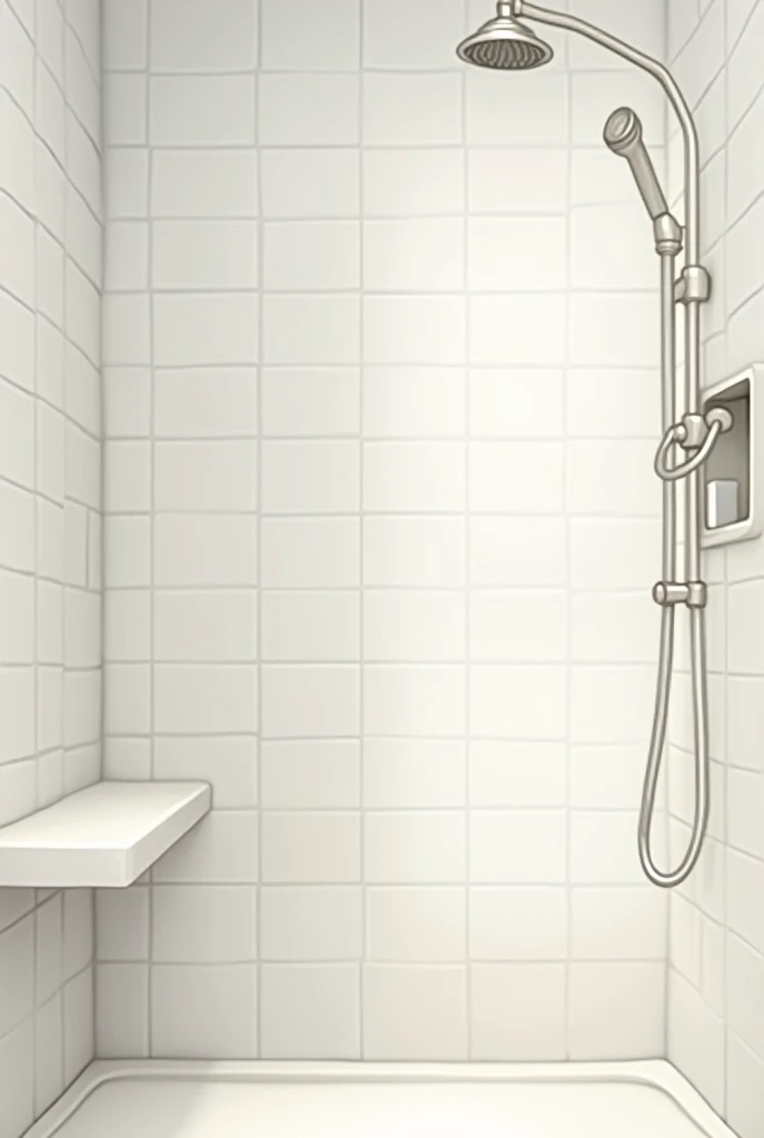 simple and cute bathroom only part of the shower and a small empty shelf without a shower stall without windows and white tiles not showing the floor 

