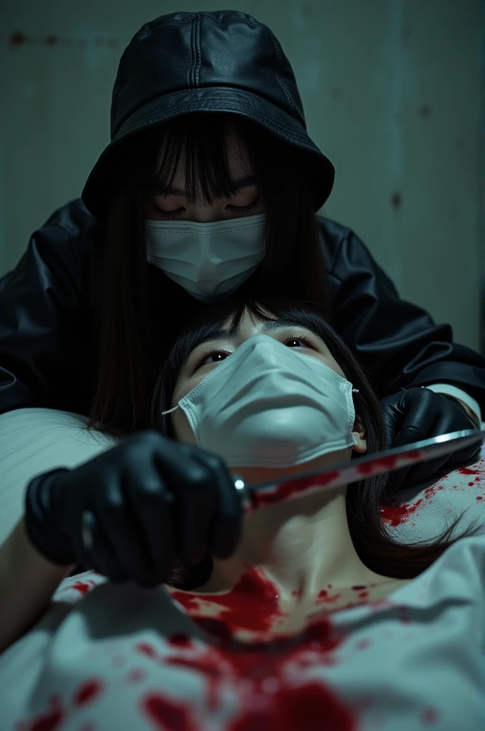 korean girl, (behind corpse, holding knife), surgical mask, black gloves, room full of blood, black raincoat, bucket hat, holding knife, black gloves, woman on top, behind corpse, blood splatter, on the bed, night, mass murderer, killer, long bangs, blood splatter, dark atmosphere, cinematic lighting, atmospheric realistic, close-up,
