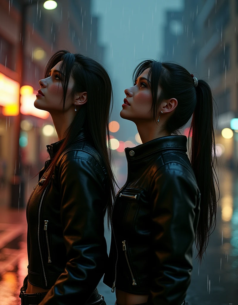 (Tifa rockhart in black leather jacket and aerith in black leather jacket:1.2), ffalice, best quality, high resolution, masterpiece, high detailed, 32k, cinematic lighting, in the rain, wet floor, on the street, look at the sky, droplet on their faces and skin and clothes, city light, cowboy shot:1.2, depth of field, look sad, standing, 2women