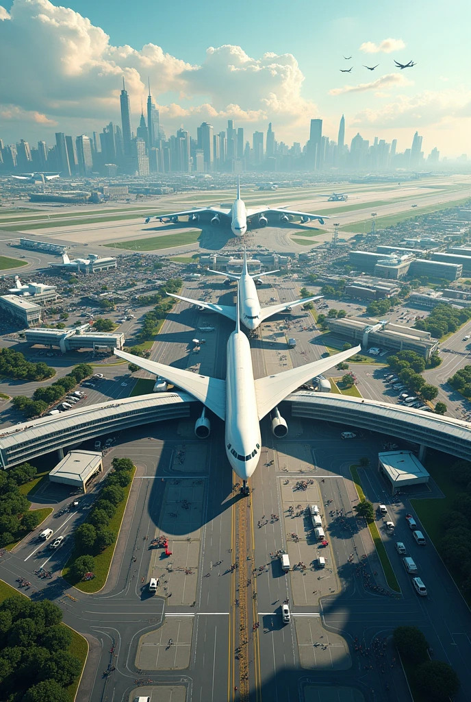 Generate an arial image of a big airport