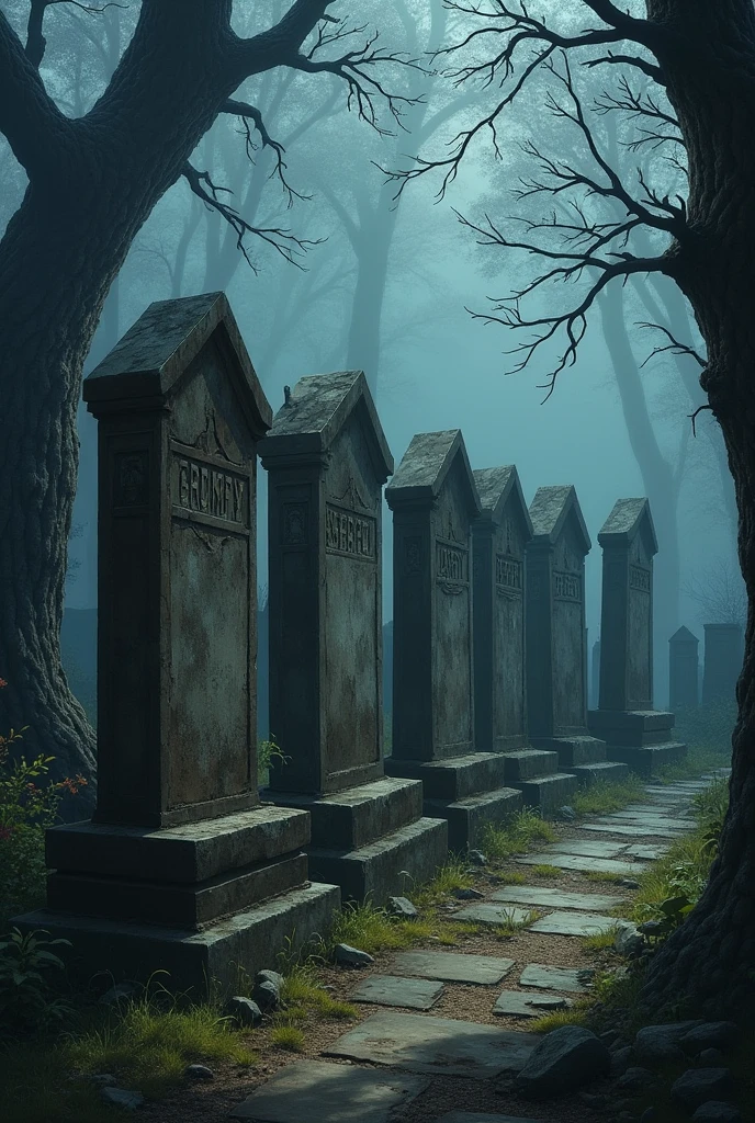 Seven tombstones of the seven dwarves with a date from the medieval era