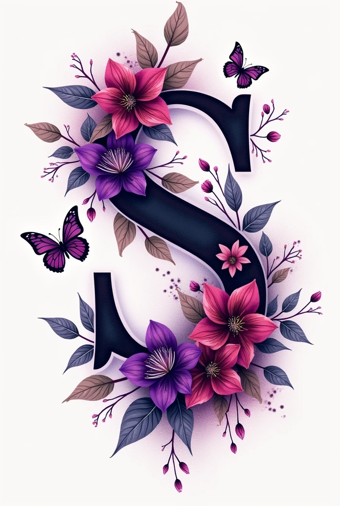I want you to make a tattoo design with 3 letters that are two S's and an I that is surrounded by purple and red flowers and another of butterflies of the same color.