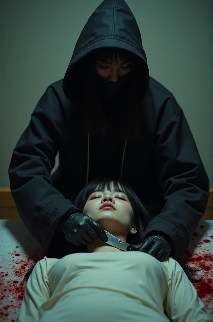 korean girl, (behind corpse, holding knife), balaclava, black gloves, room full of blood, black raincoat, hood up, holding knife, black gloves, woman on top, behind corpse, blood splatter, on the bed, mass murderer, killer, long bangs, blood splatter, dark atmosphere, cinematic lighting, atmospheric realistic, close-up,