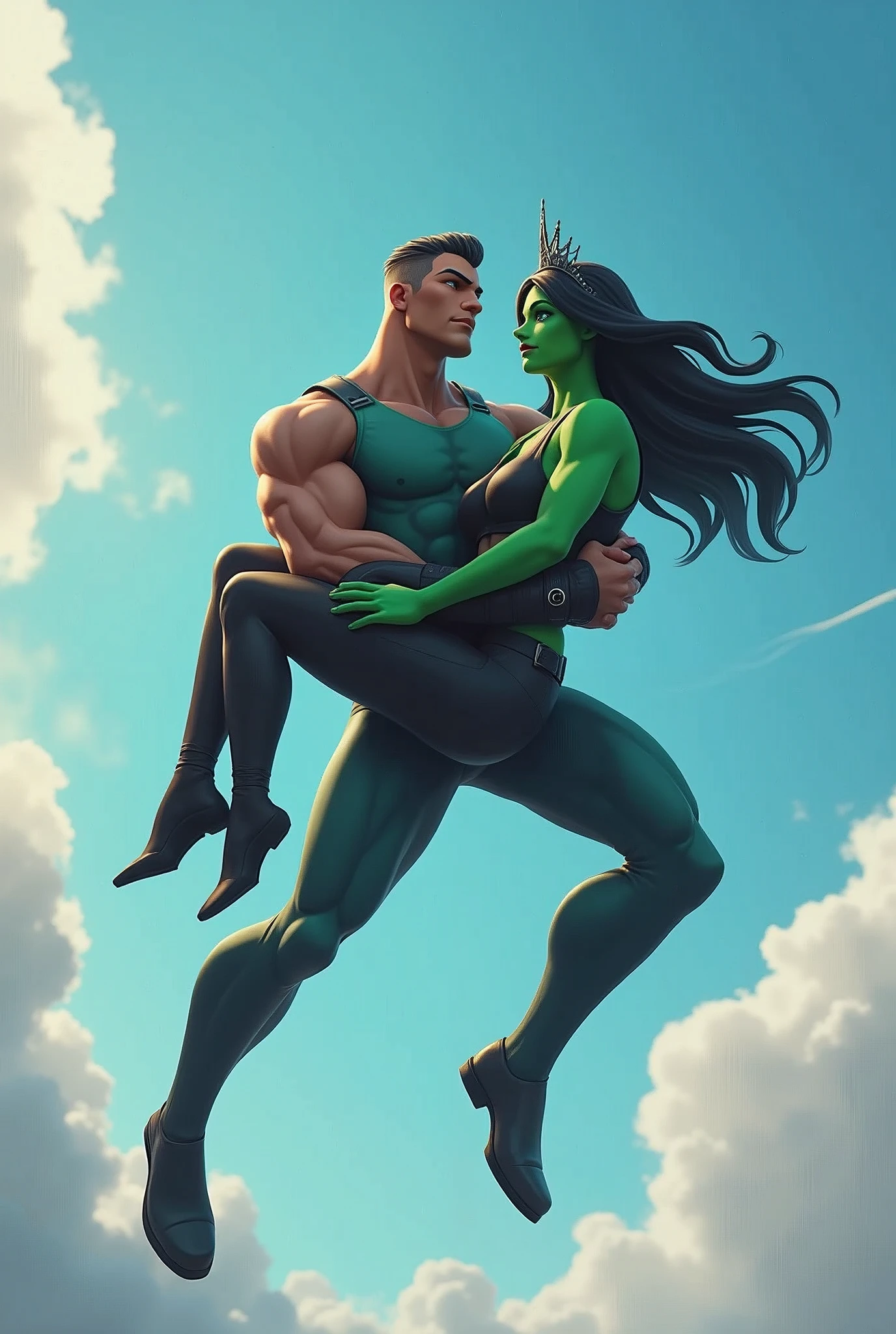 Un superman dans les airs qui porte une fille avec la peau verte les cheveux noires et une tenue noire avec une couronne noire sur la tête dans le style de fortnite